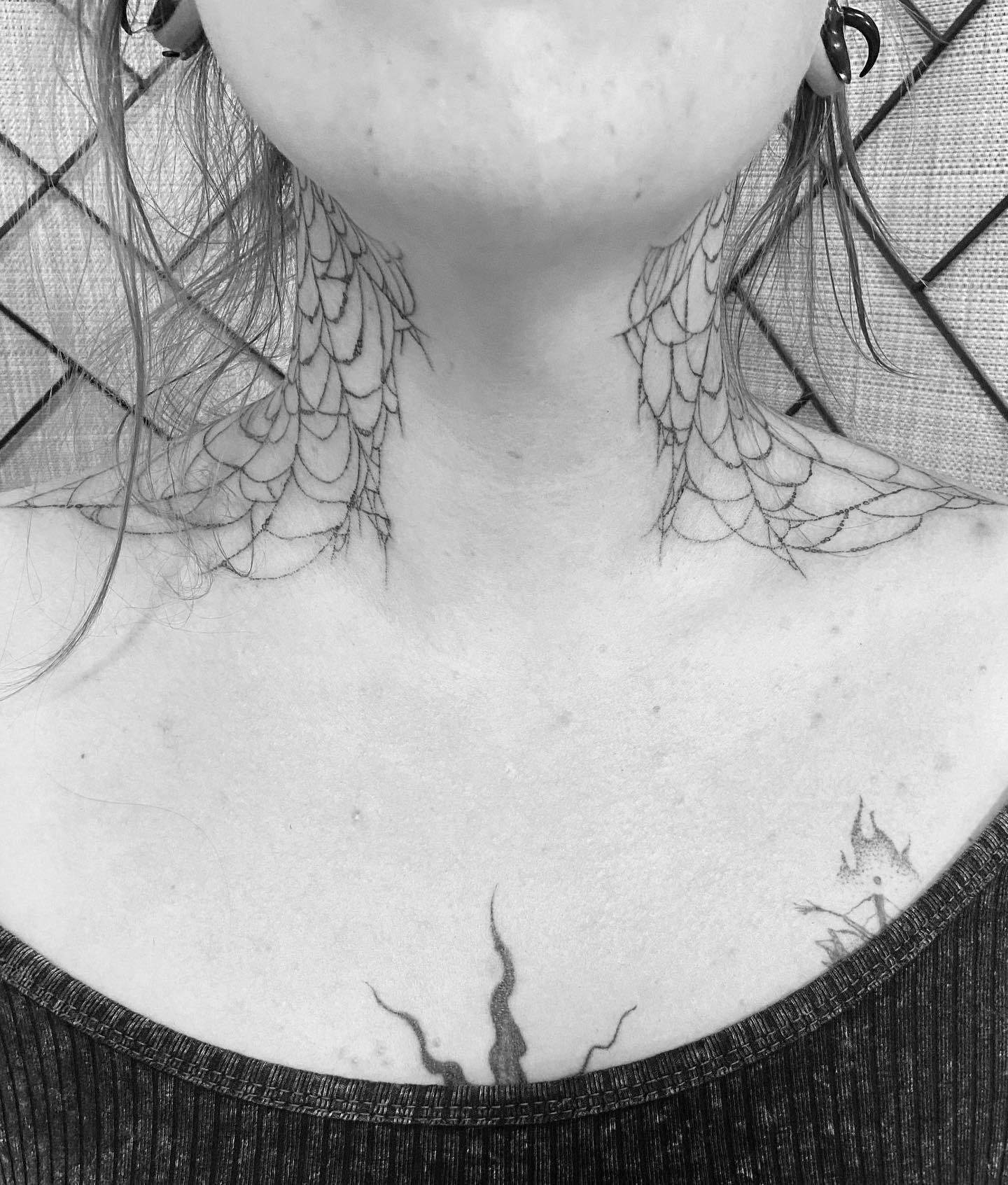 Spider web tattoo neck tattoo black and white