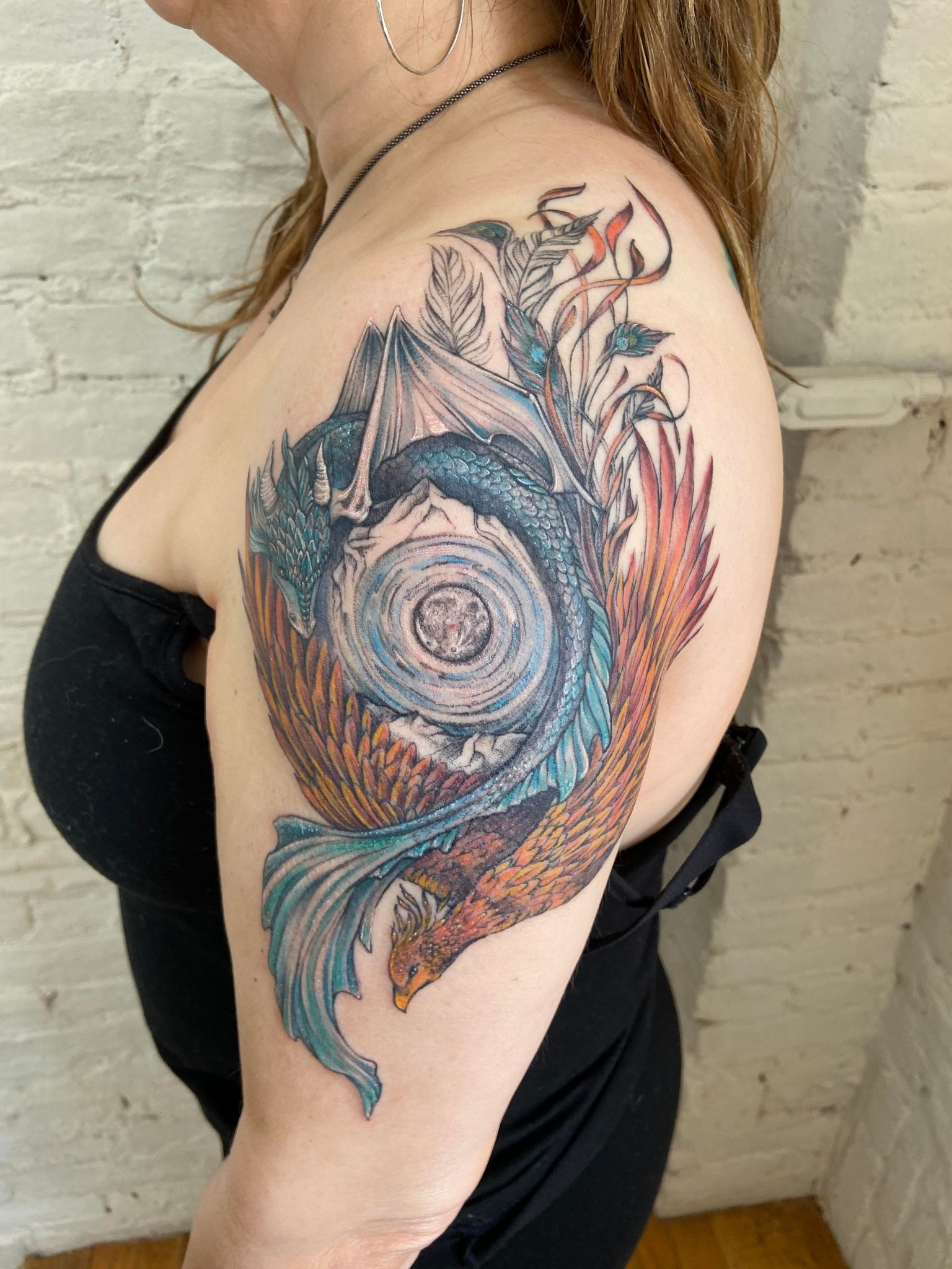 Phoenix Dragon and Moon Tattoo